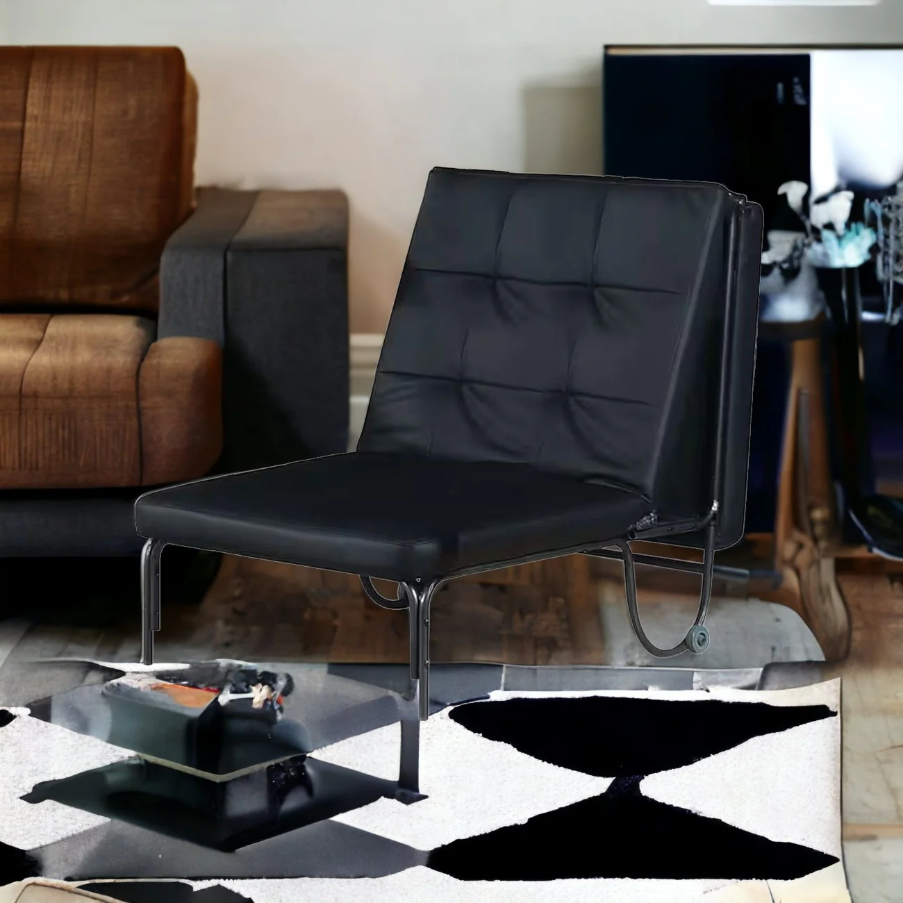 75" Black Faux Leather Tufted Convertible Chair By Homeroots - Image 2
