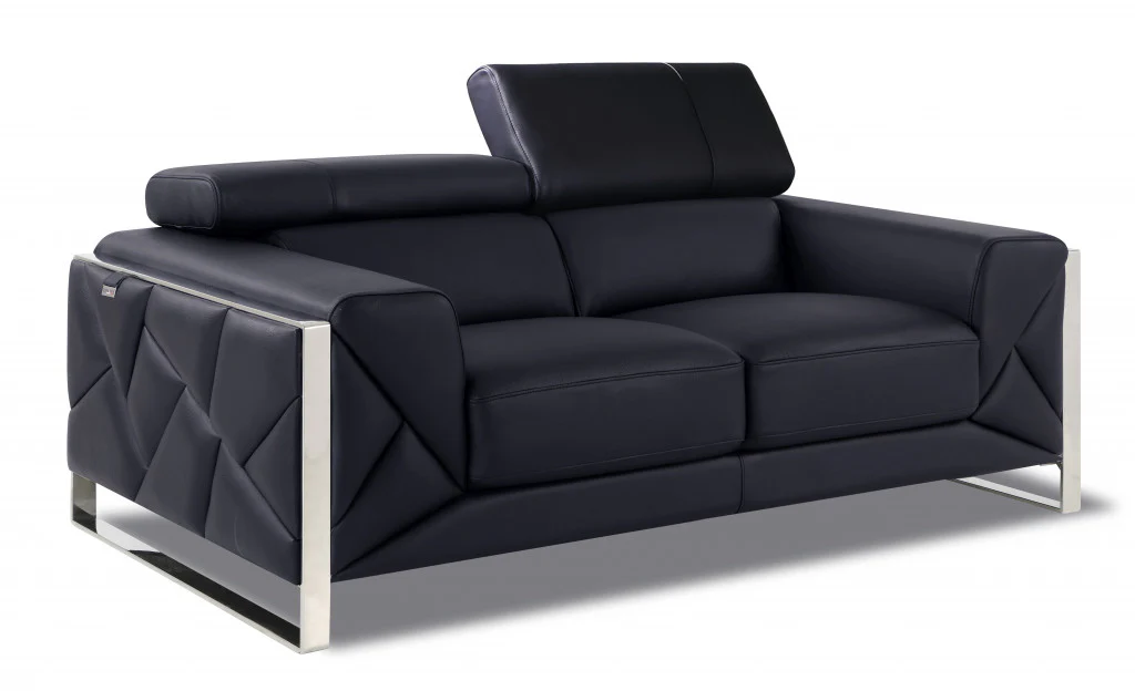 75" Black Italian Leather and Chrome Solid Color Love Seat By Homeroots - Image 2