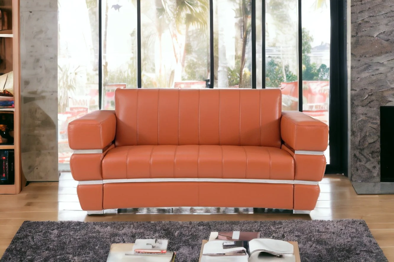 75" Camel And Silver Italian Leather Love Seat By Homeroots - Image 2