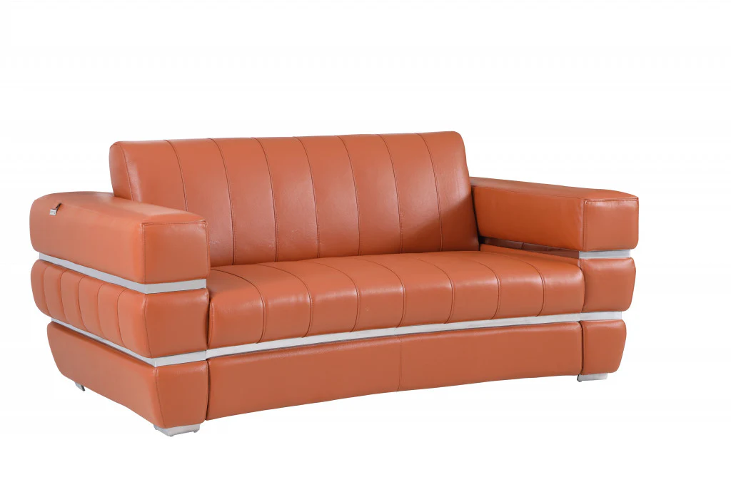 75" Camel And Silver Italian Leather Love Seat By Homeroots - Image 3
