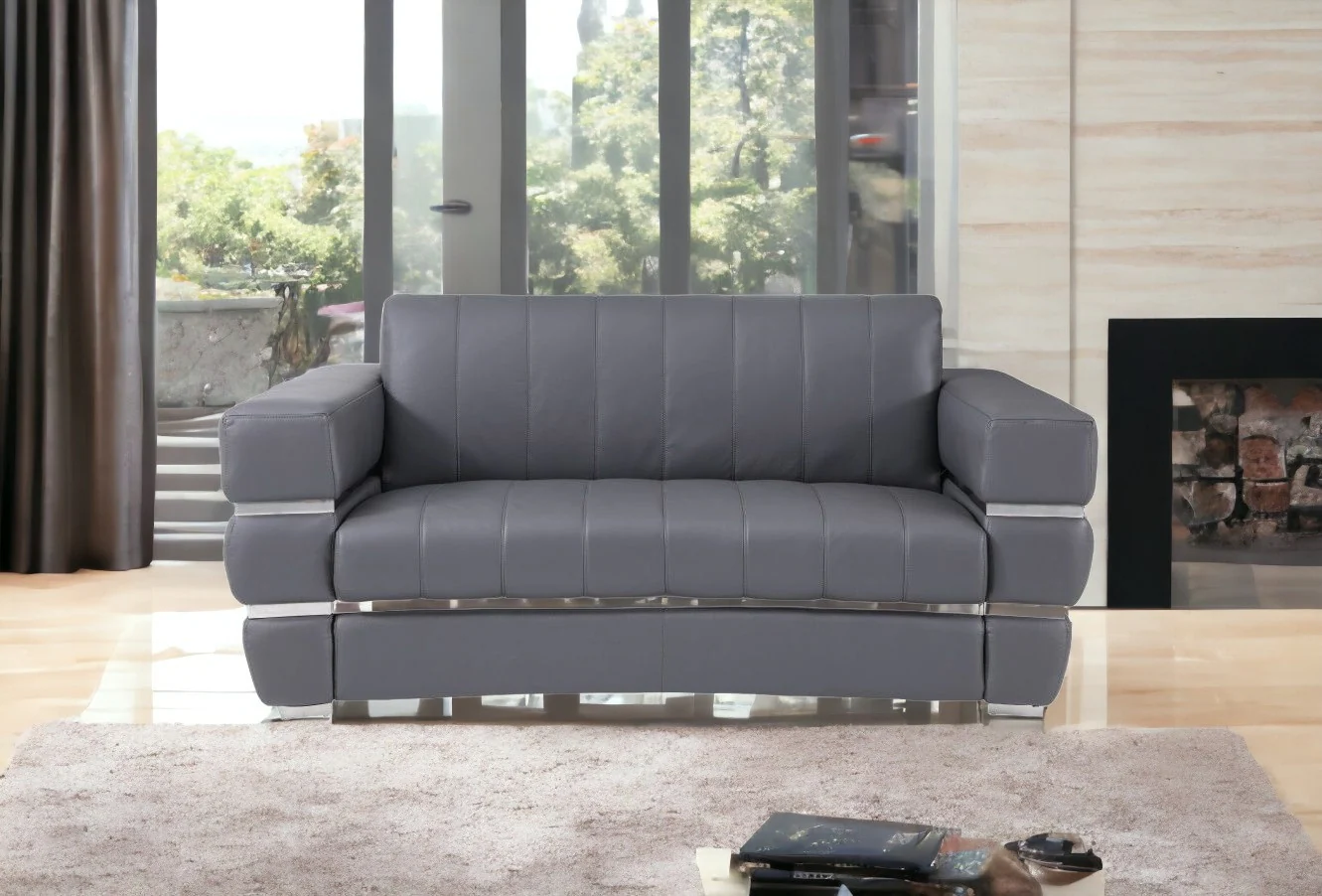 75" Gray And Silver Italian Leather Love Seat By Homeroots - Image 2