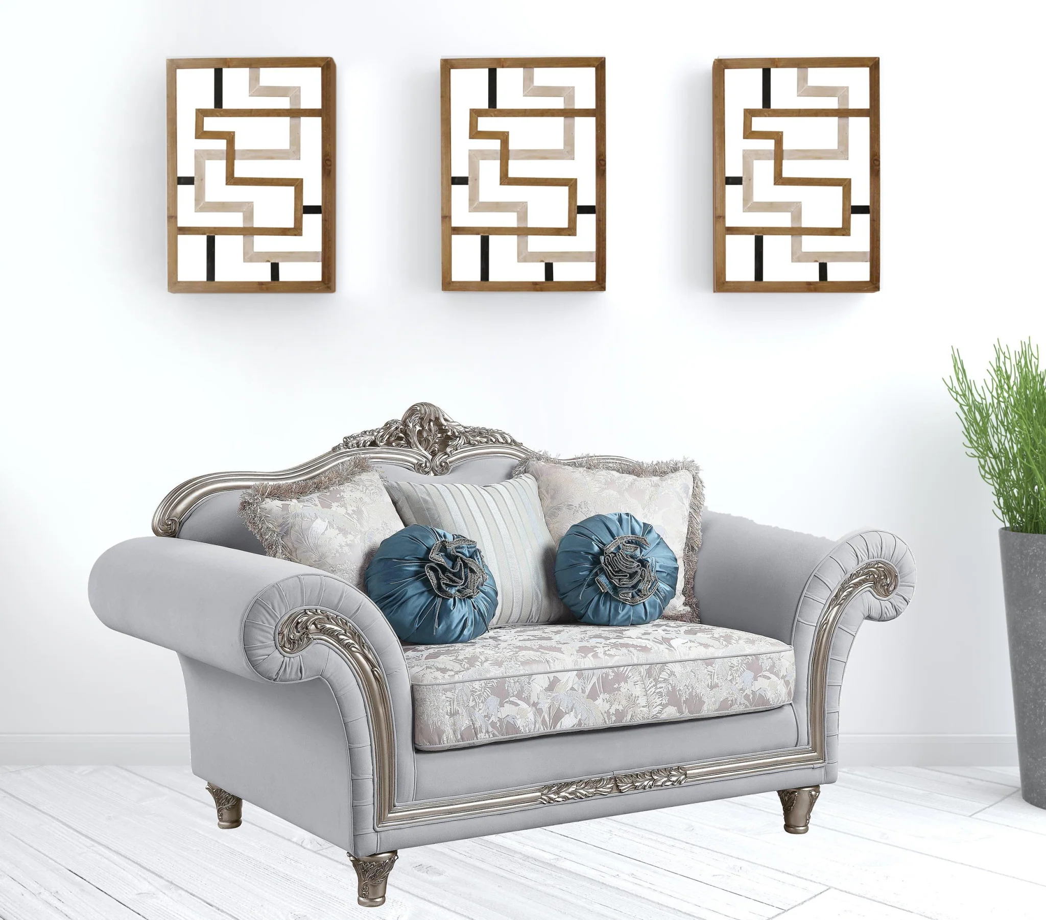 76" Light Gray And Platinum Linen Love Seat And Toss Pillows By Homeroots - Image 2