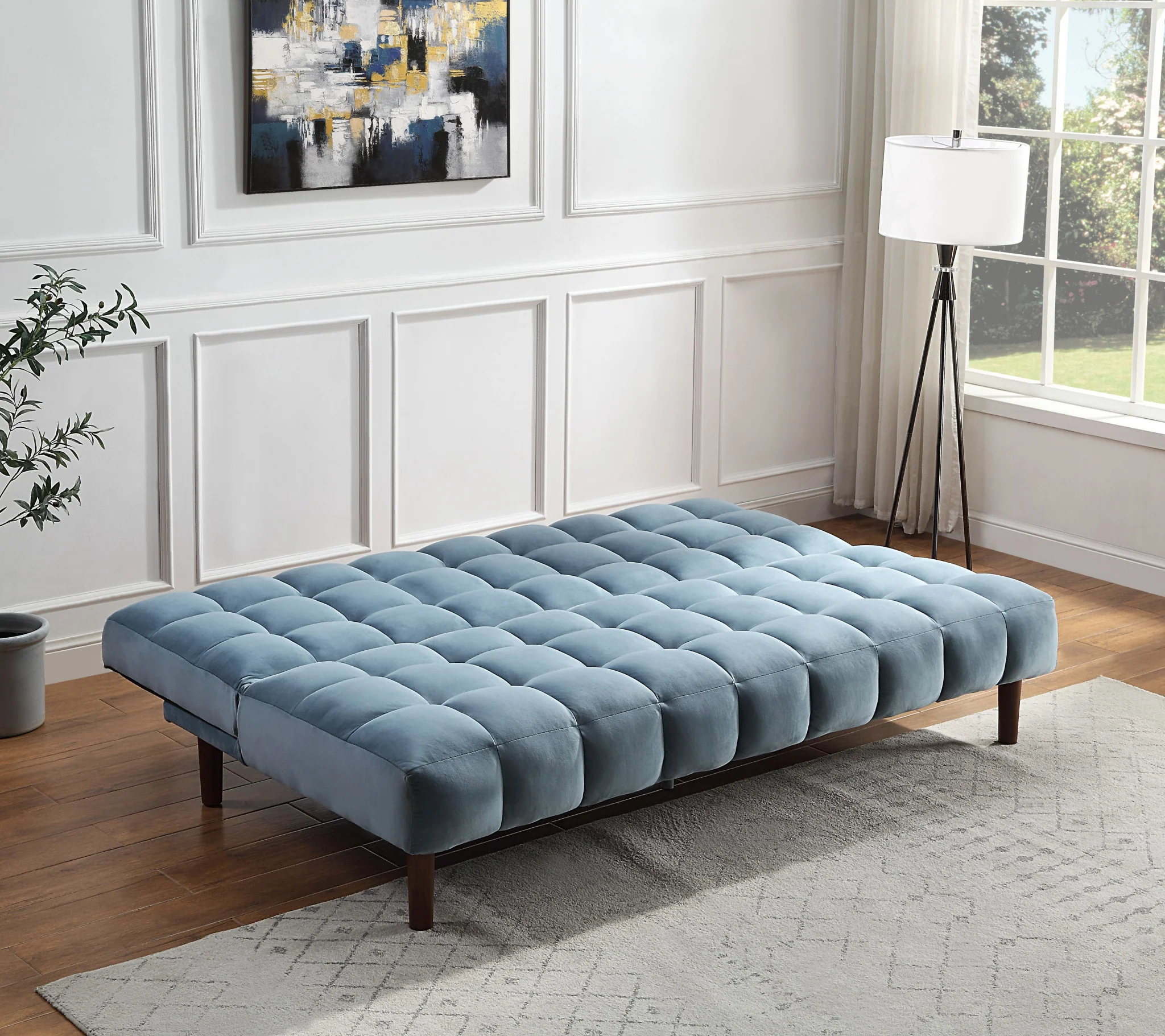 76" Teal Velvet And Wood Brown Sleeper Sofa By Homeroots - Image 8