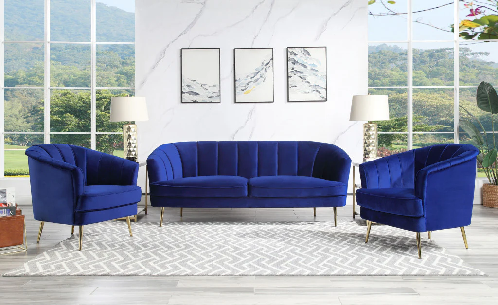 78" Blue Velvet And Gold Sofa By Homeroots - Image 6