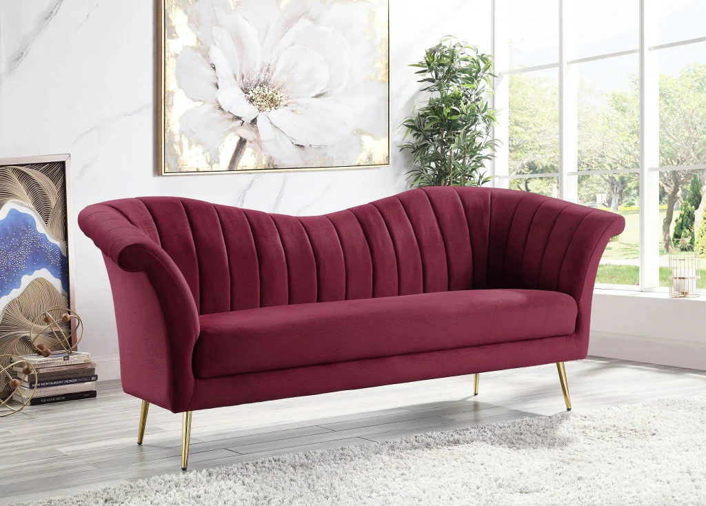 80" Red Velvet And Gold Sofa By Homeroots - Image 6