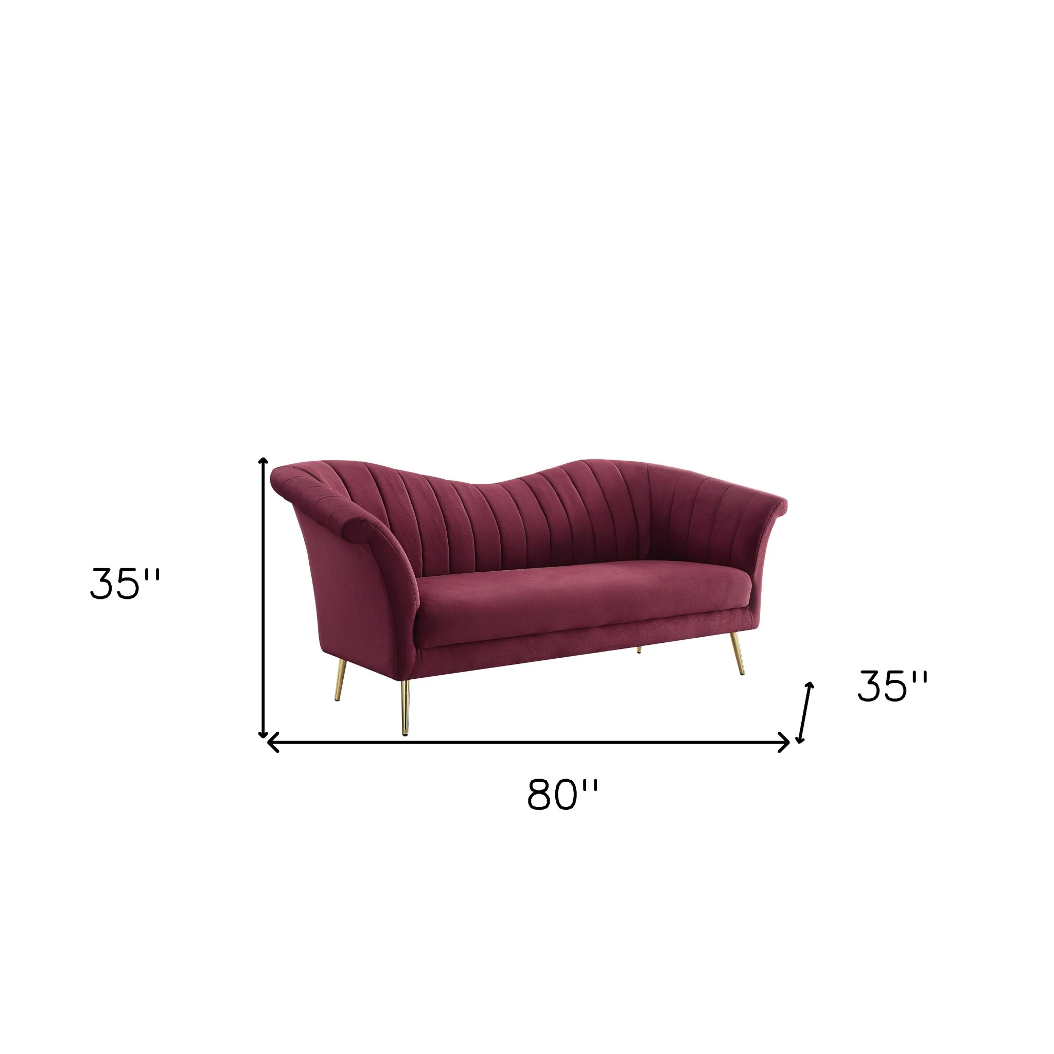 80" Red Velvet And Gold Sofa By Homeroots - Image 7