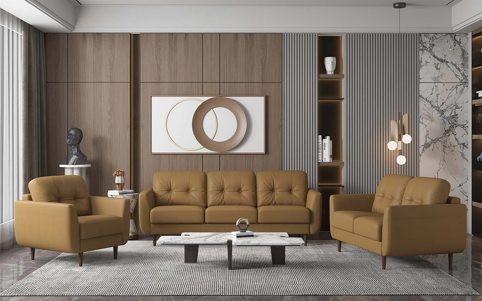 83" Camel Leather And Black Sofa By Homeroots - Image 5