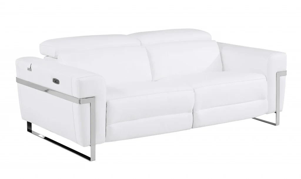 83" White Italian Leather with Chrome Accents Reclining Sofa By Homeroots - Image 2