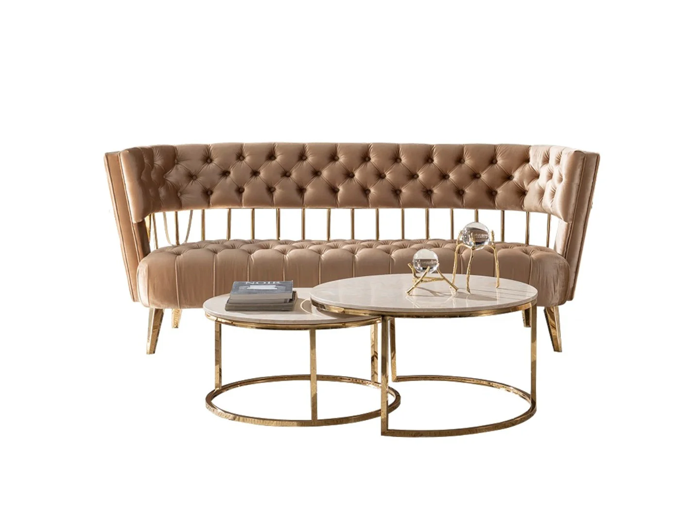84" Beige Tufted Velvet and Gold Open Back Sofa By Homeroots - Image 2