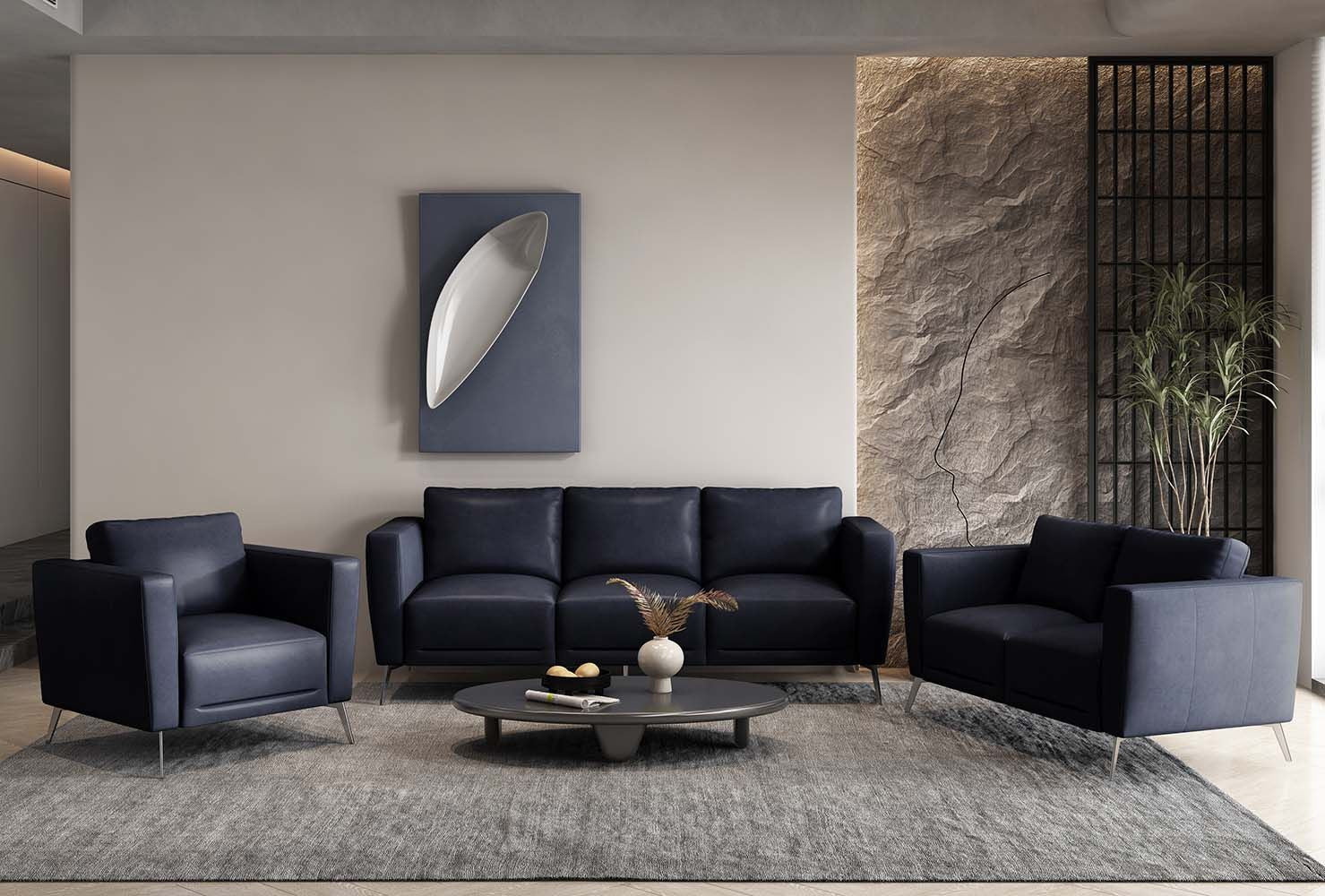 85" Blue Leather And Black Sofa By Homeroots - Image 8