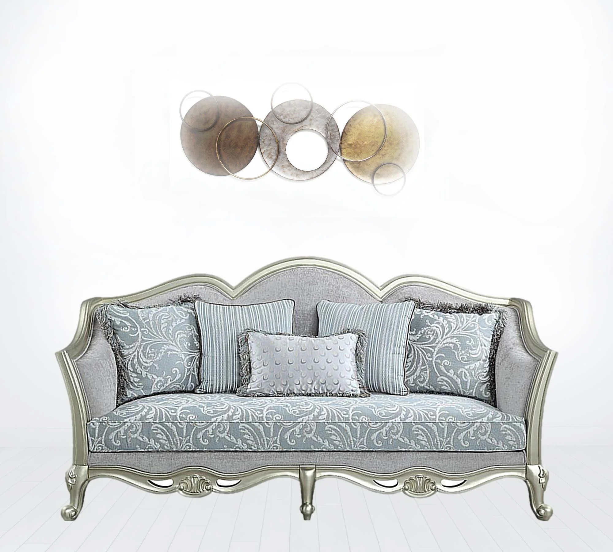 85" Light Gray Linen And Champagne Sofa With Five Toss Pillows By Homeroots - Image 2