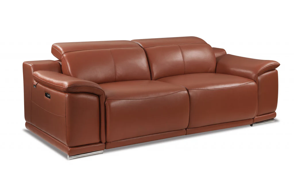 86" Camel Brown Genuine Leather Reclining Sofa By Homeroots - Image 2