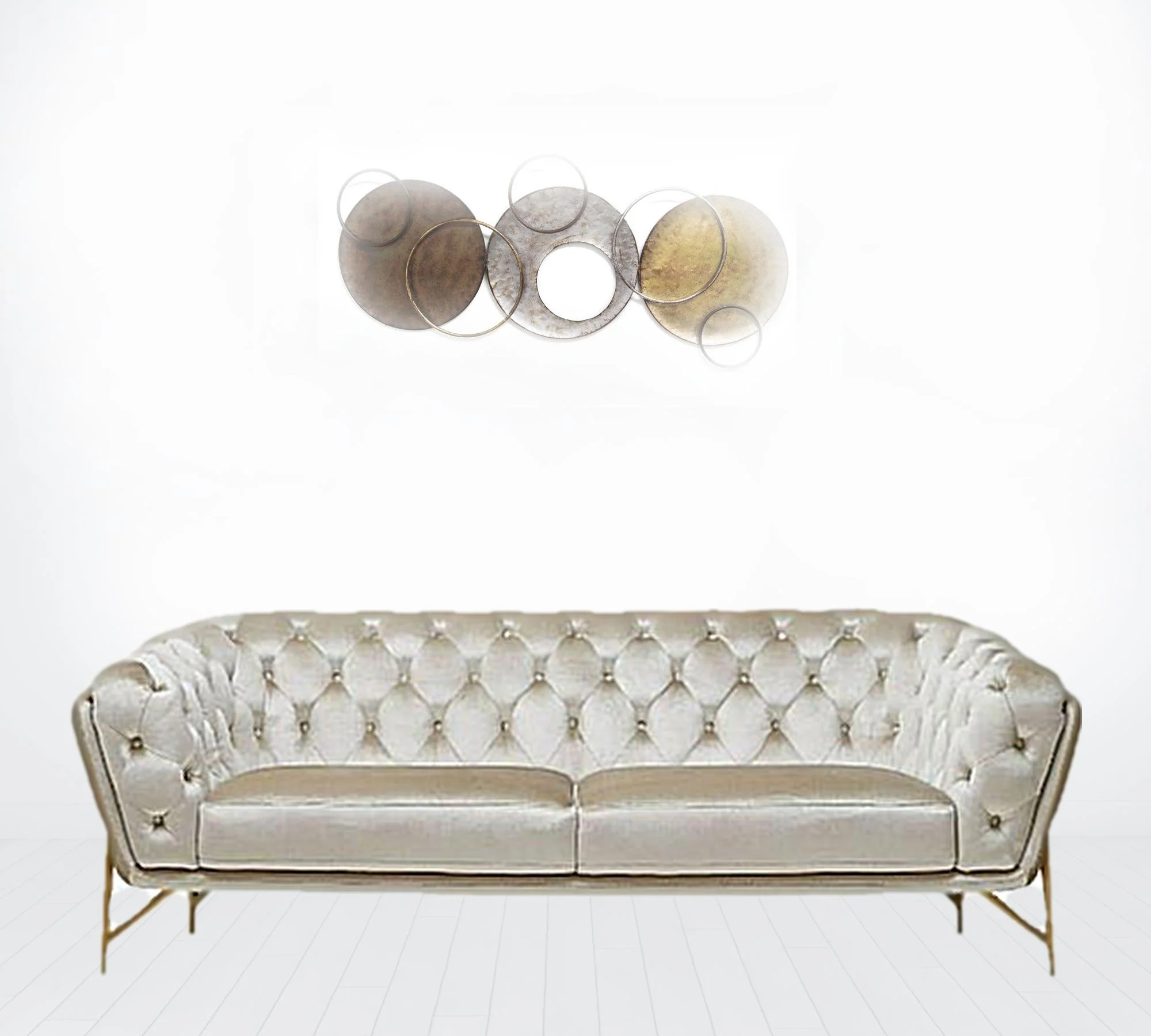 88" Beige Tufted Velvet and Gold Chesterfield Sofa By Homeroots - Image 2