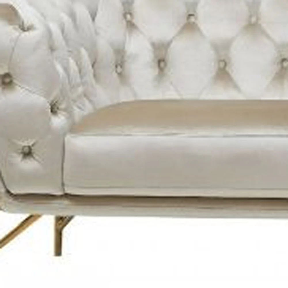 88" Beige Tufted Velvet and Gold Chesterfield Sofa By Homeroots - Image 3