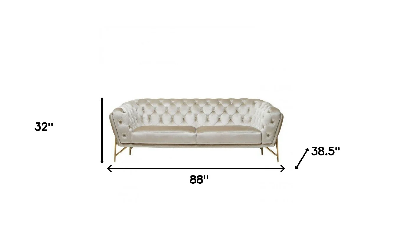88" Beige Tufted Velvet and Gold Chesterfield Sofa By Homeroots - Image 5