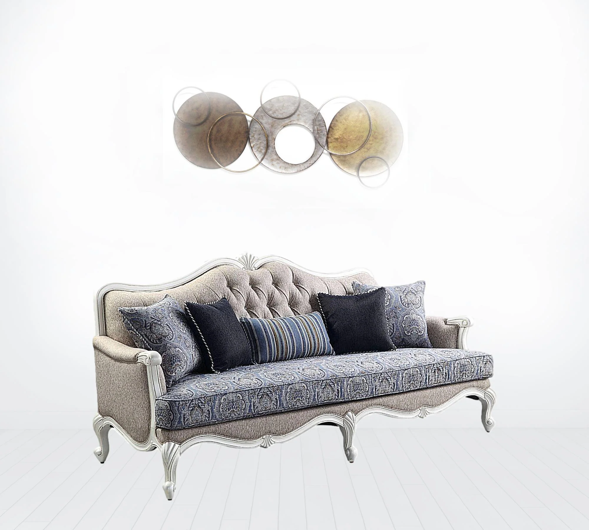 88" Fabric Linen And White Sofa With Five Toss Pillows By Homeroots - Image 2