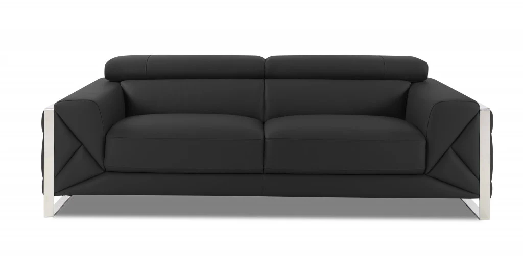89" Black and Chrome Genuine Leather Standard Sofa By Homeroots - Image 11