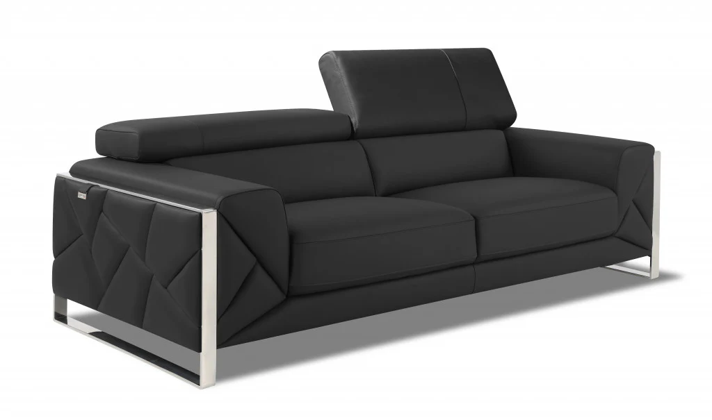 89" Black and Chrome Genuine Leather Standard Sofa By Homeroots - Image 12