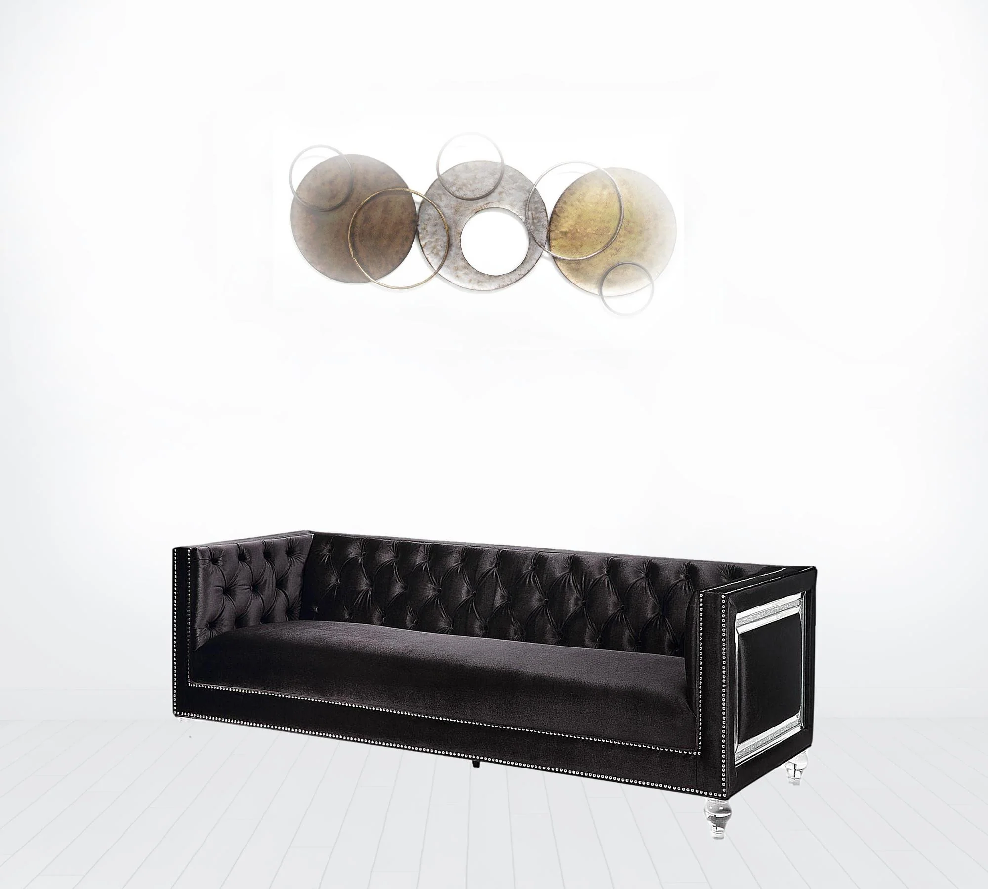 89" Black Velvet Sofa With Two Toss Pillows By Homeroots - Image 2