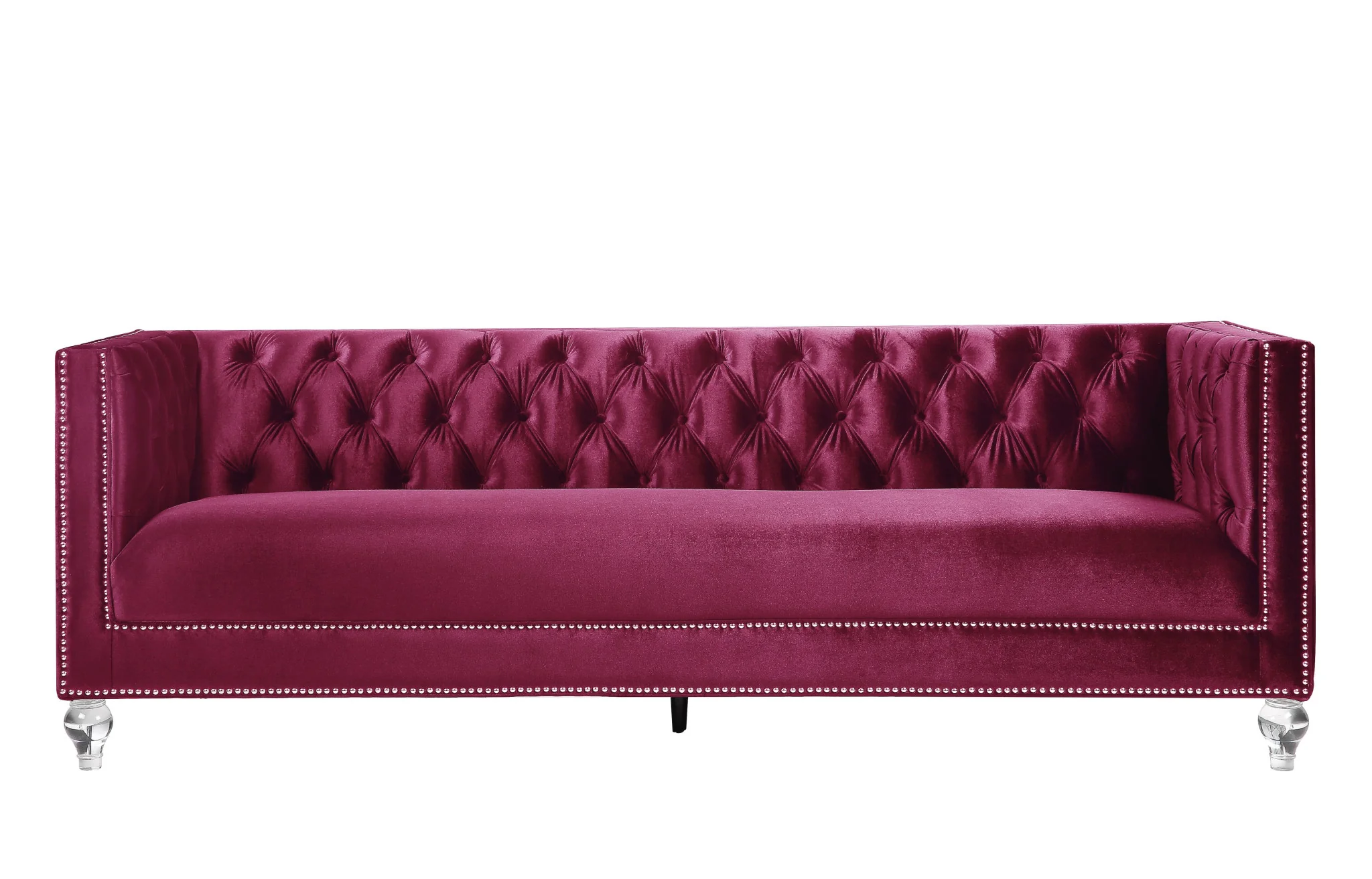 89" Burgundy Velvet And Black Sofa With Two Toss Pillows By Homeroots - Image 2