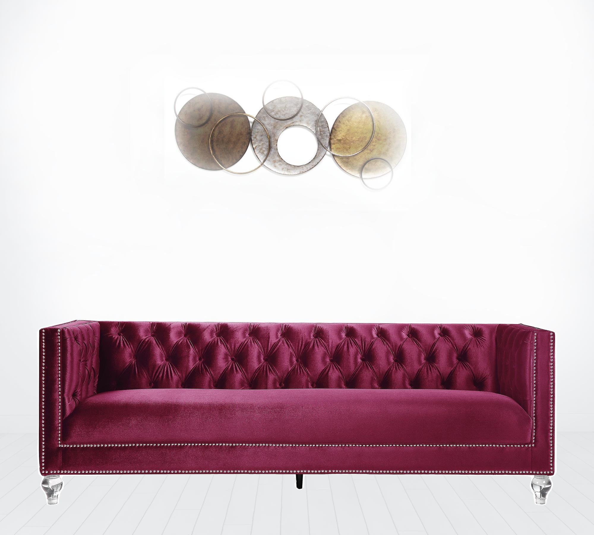 89" Burgundy Velvet And Black Sofa With Two Toss Pillows By Homeroots - Image 3