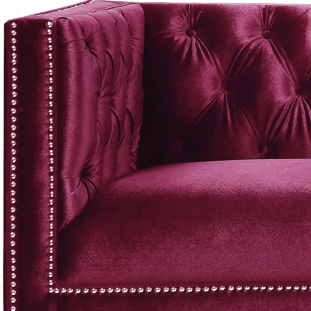 89" Burgundy Velvet And Black Sofa With Two Toss Pillows By Homeroots - Image 4