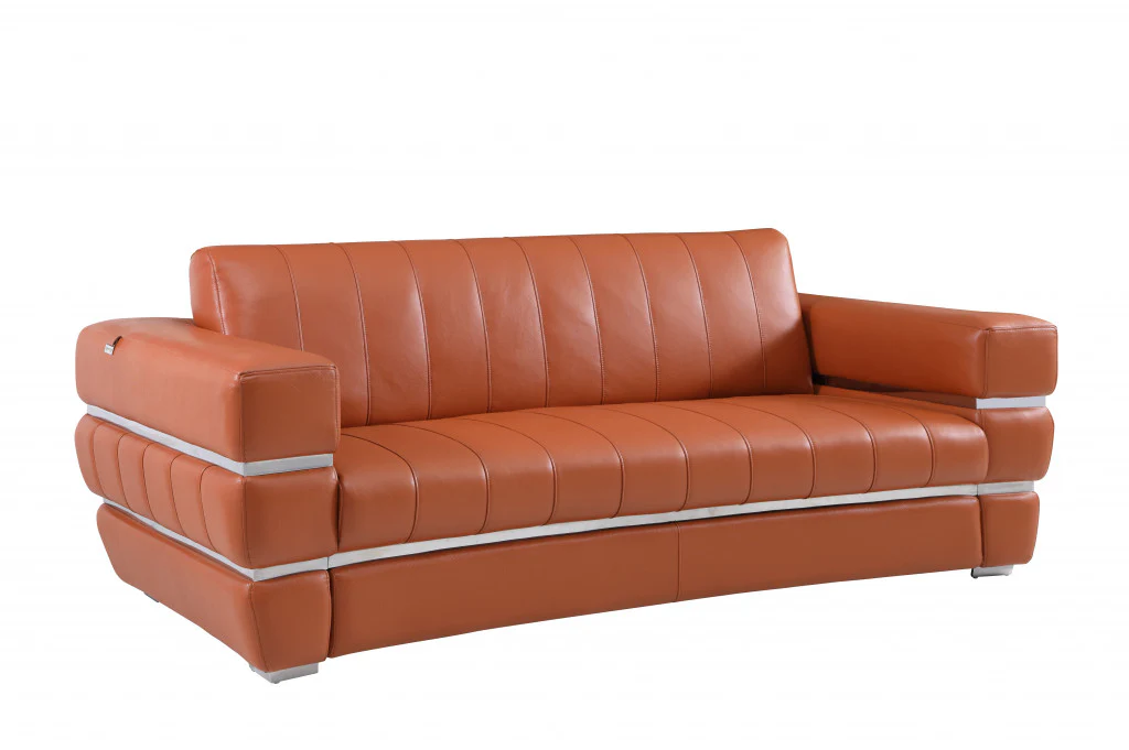 89" Camel Brown Chrome Accents Genuine Leather Standard Sofa By Homeroots - Image 2