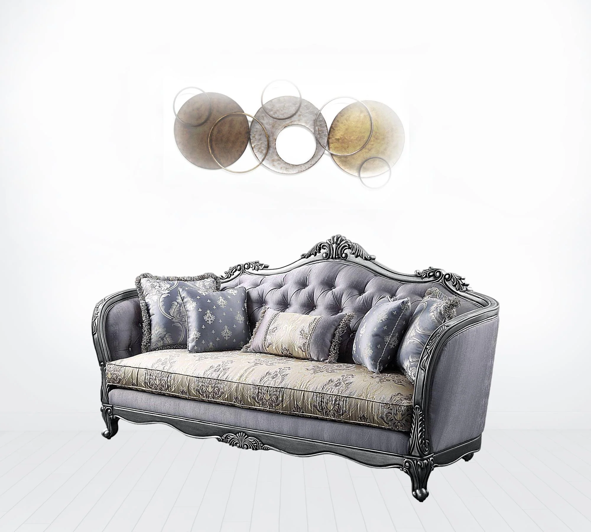 89" Fabric Imitation silk And Platinum Sofa With Five Toss Pillows By Homeroots - Image 2