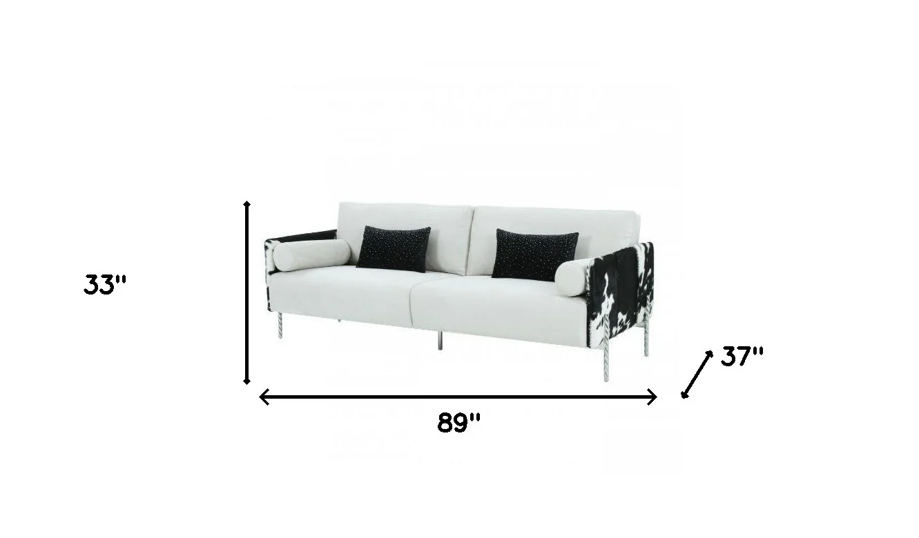 89" White Faux Cowhide and Silver Sofa By Homeroots - Image 5