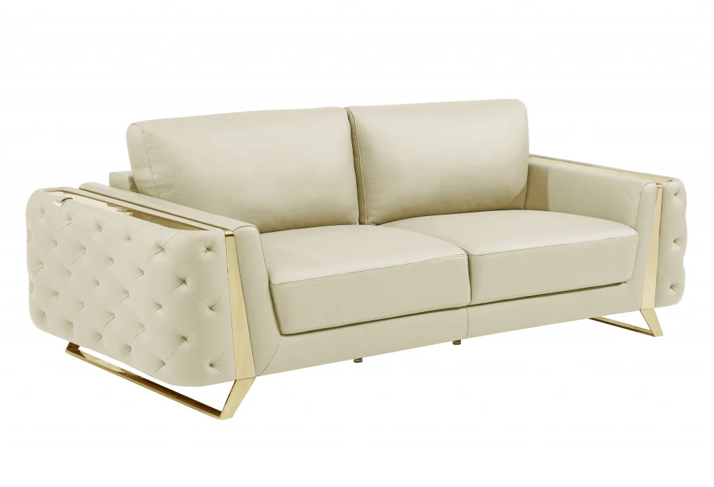90" Beige Italian Leather And Gold Sofa By Homeroots - Image 2