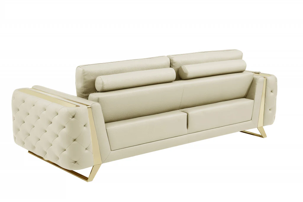 90" Beige Italian Leather And Gold Sofa By Homeroots - Image 3
