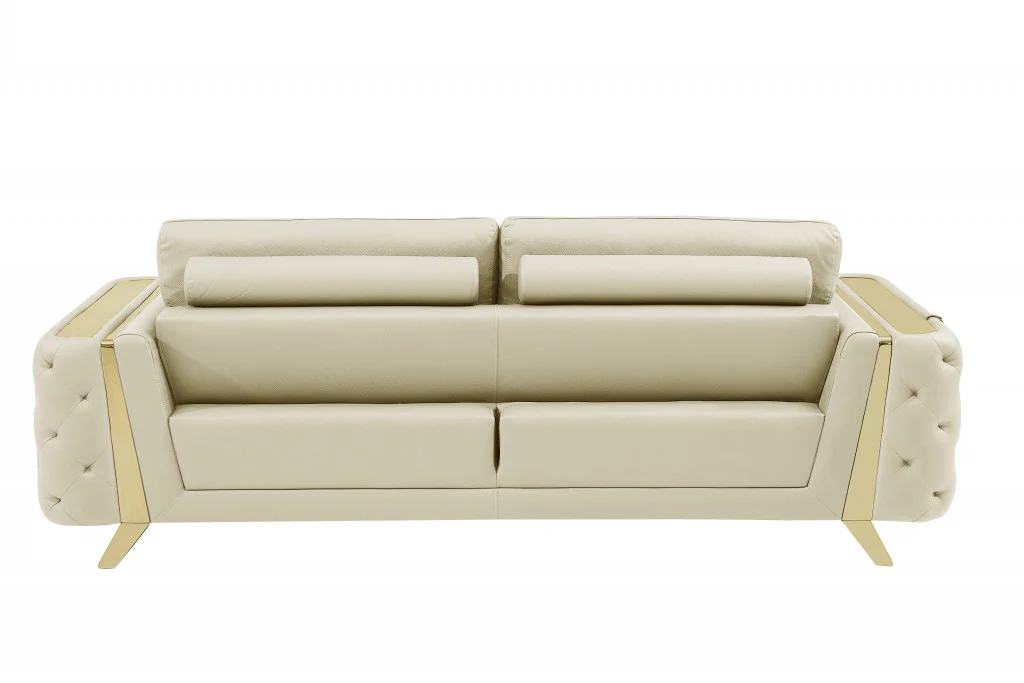 90" Beige Italian Leather And Gold Sofa By Homeroots - Image 4