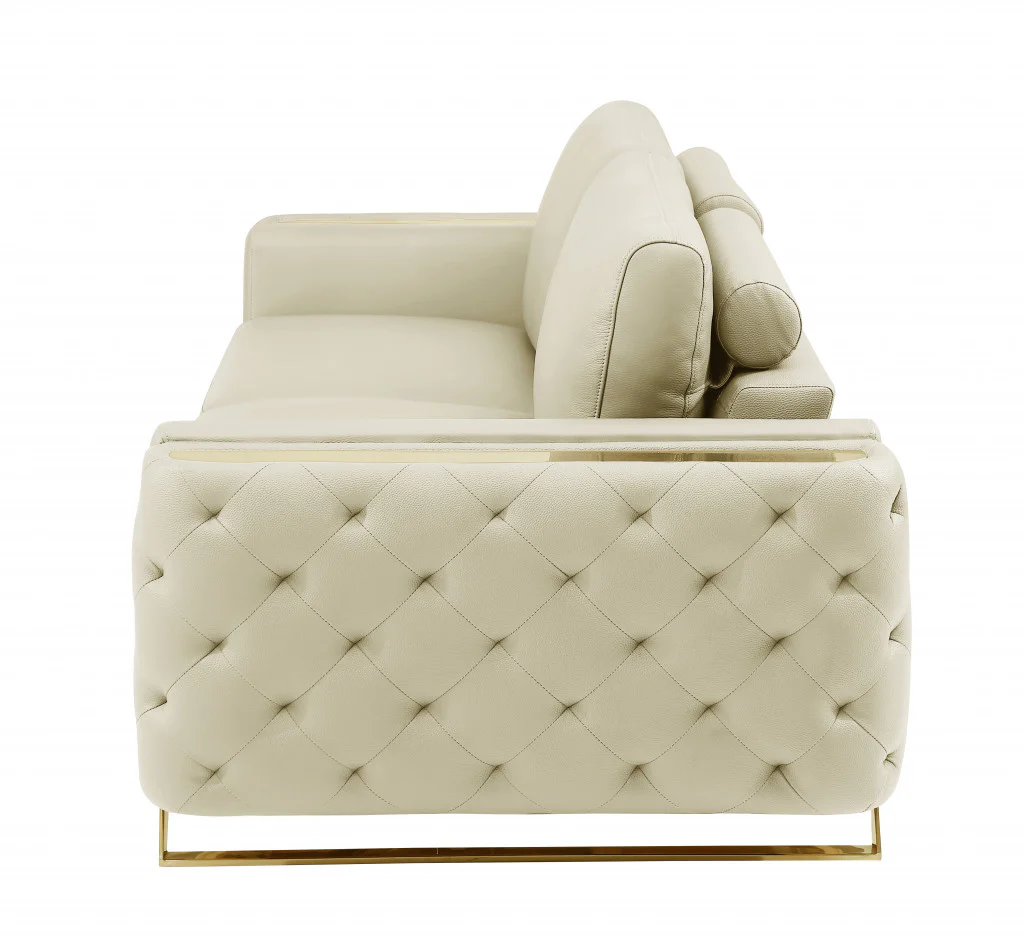 90" Beige Italian Leather And Gold Sofa By Homeroots - Image 5