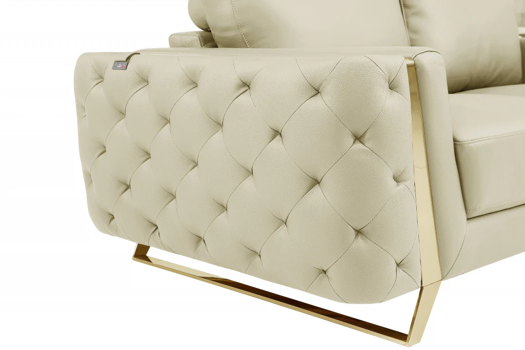 90" Beige Italian Leather And Gold Sofa By Homeroots - Image 6