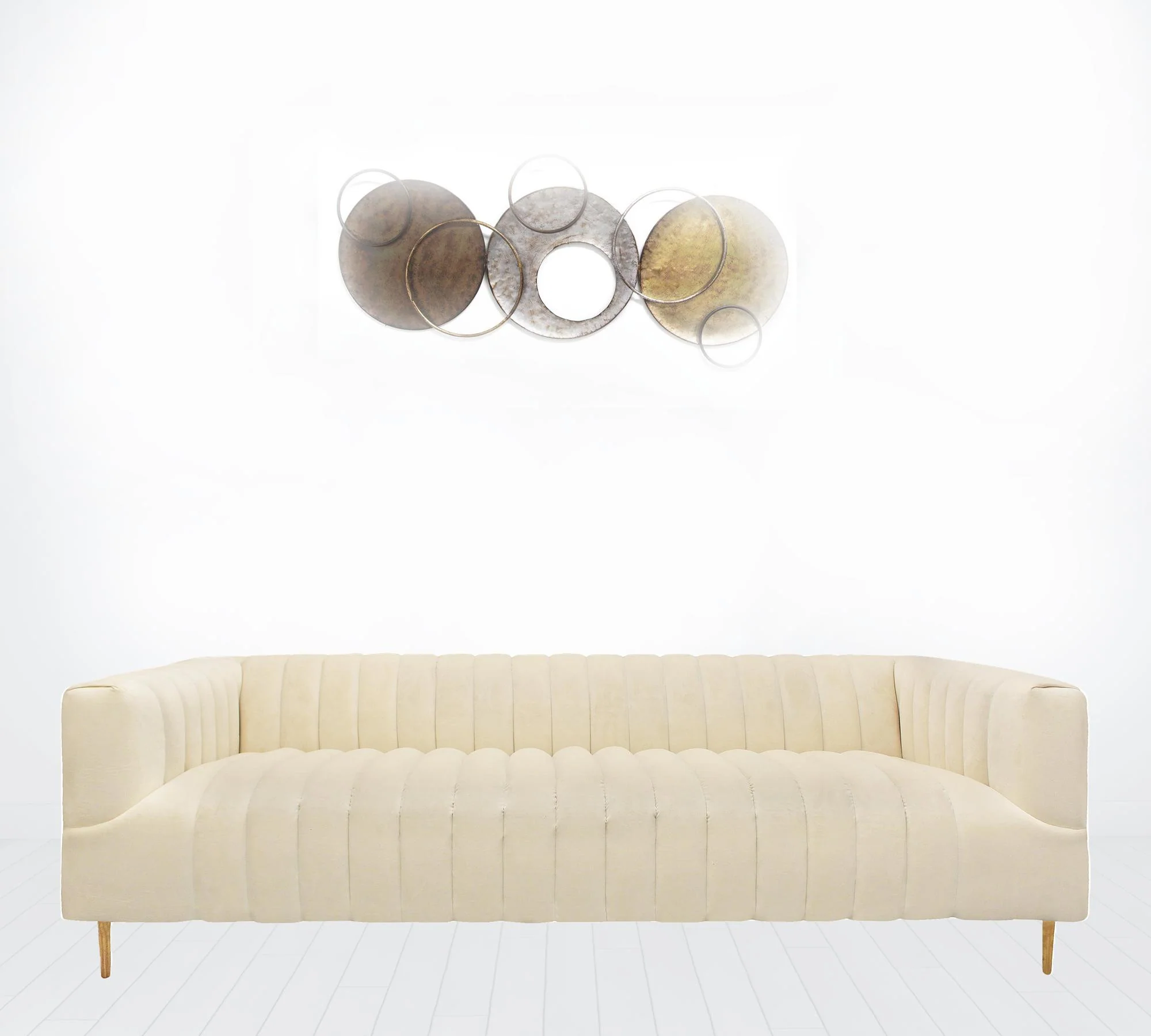 90" Ivory Channeled Velvet and Gold Sofa By Homeroots - Image 5