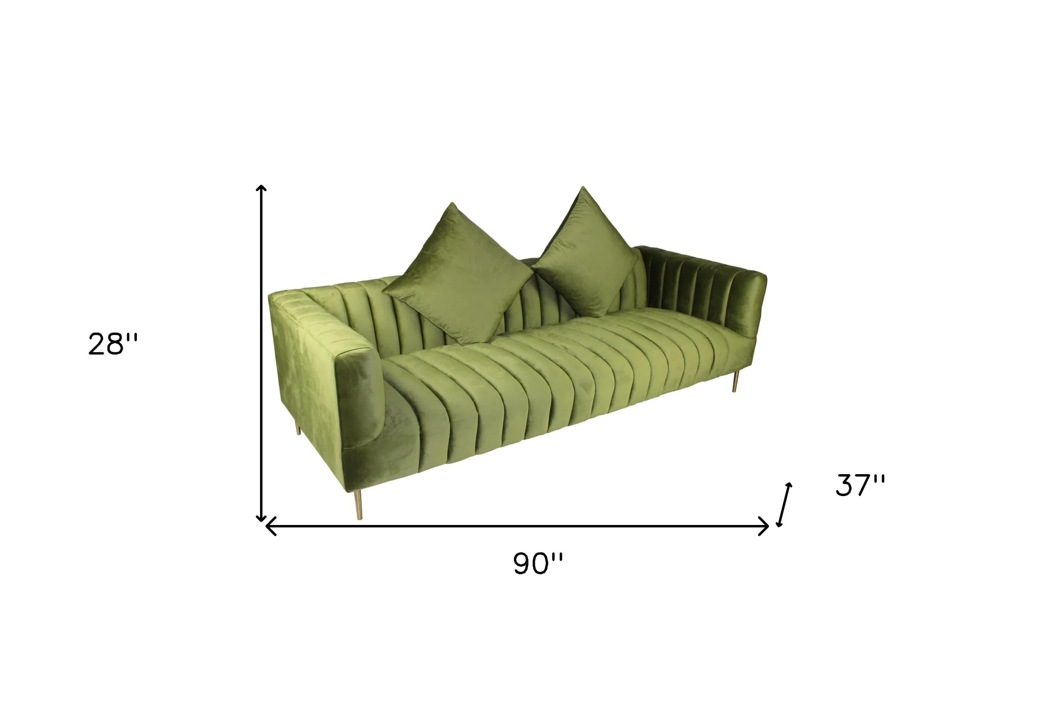 90" Moss Green Velvet And Gold Sofa With Two Toss Pillows By Homeroots - Image 7