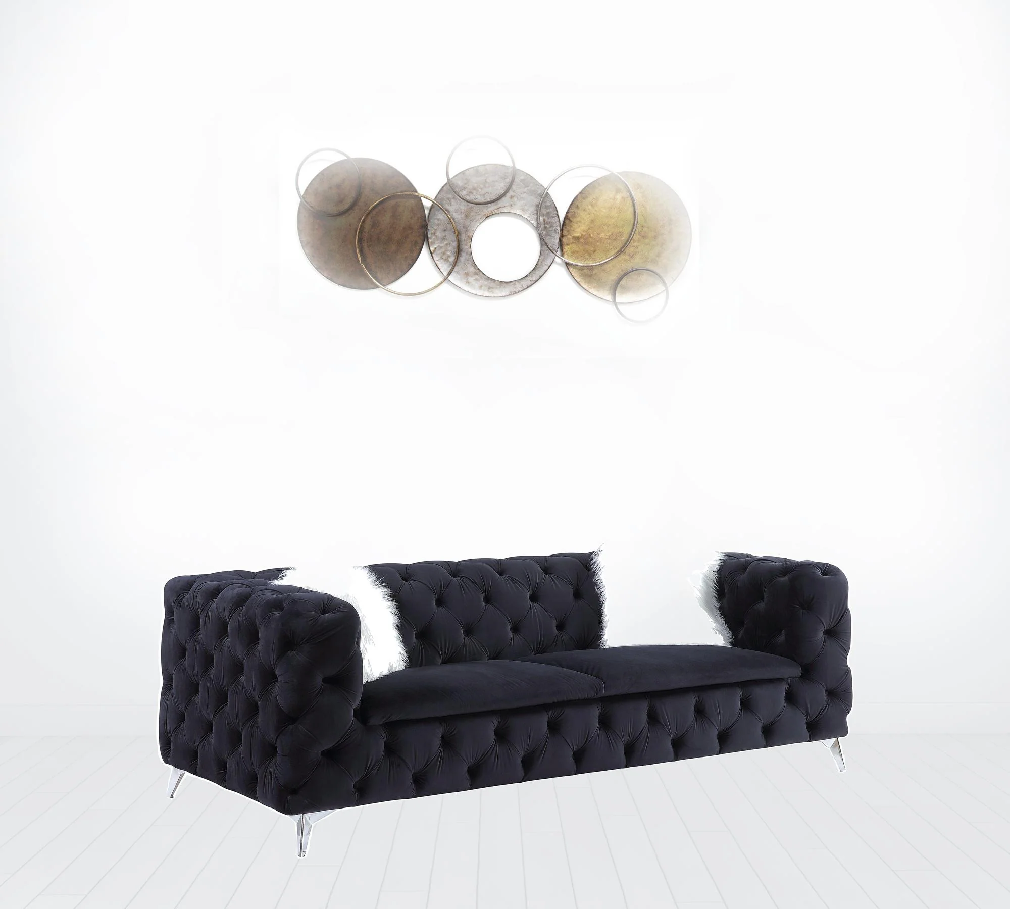 91" Black Velvet And Silver Sofa With Two Toss Pillows By Homeroots - Image 3