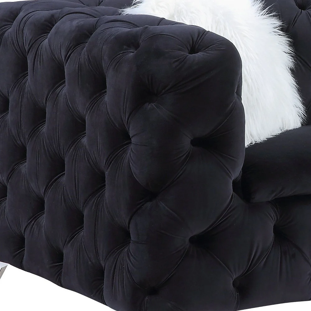 91" Black Velvet And Silver Sofa With Two Toss Pillows By Homeroots - Image 4