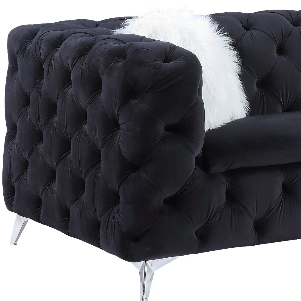 91" Black Velvet And Silver Sofa With Two Toss Pillows By Homeroots - Image 5