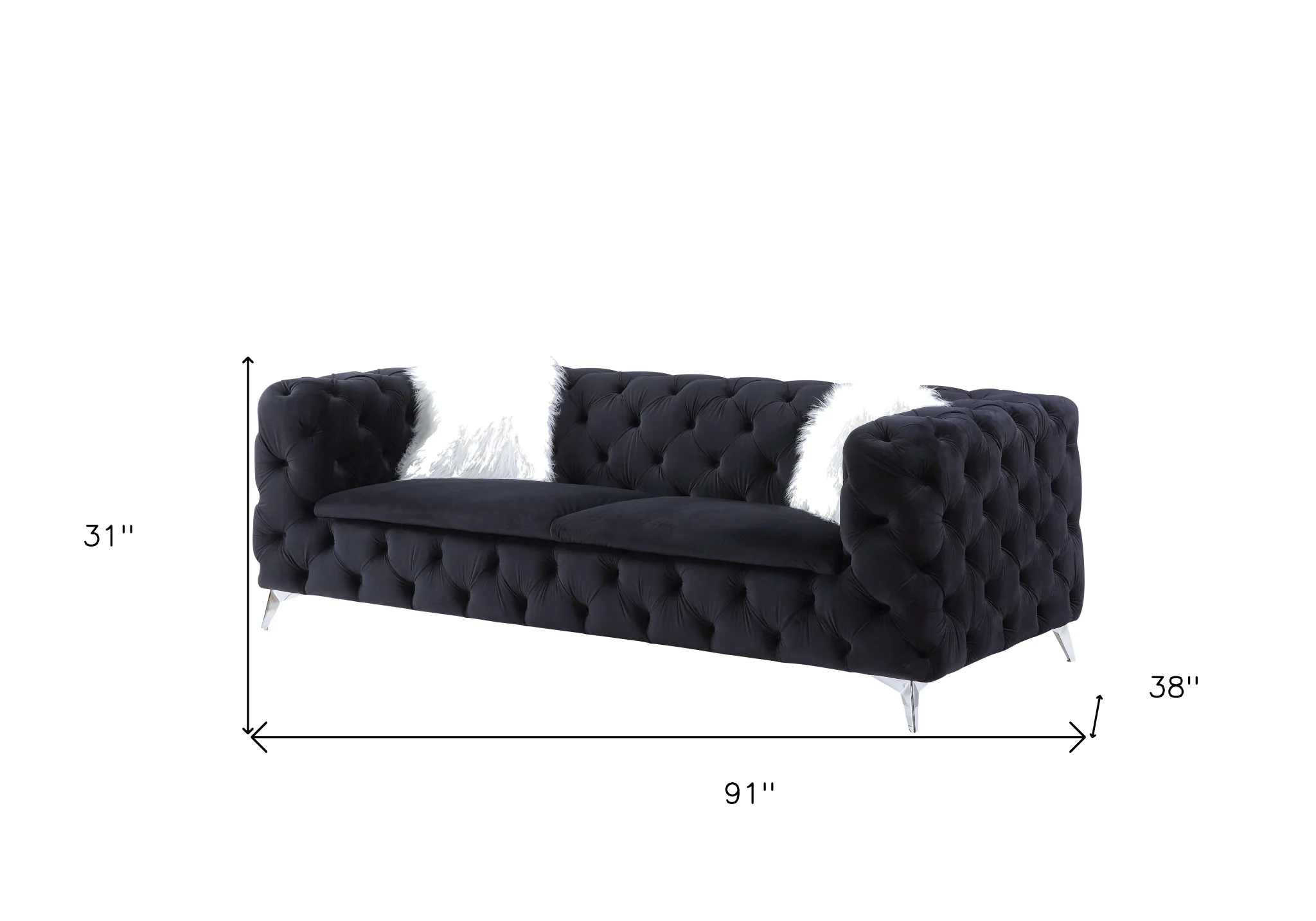 91" Black Velvet And Silver Sofa With Two Toss Pillows By Homeroots - Image 6