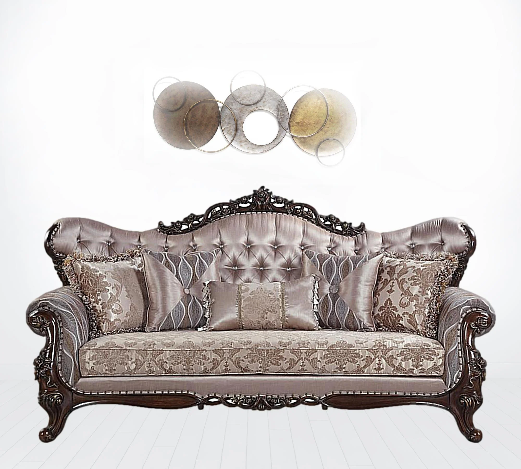92" Champagne Imitation silk Sofa With Five Toss Pillows By Homeroots - Image 2