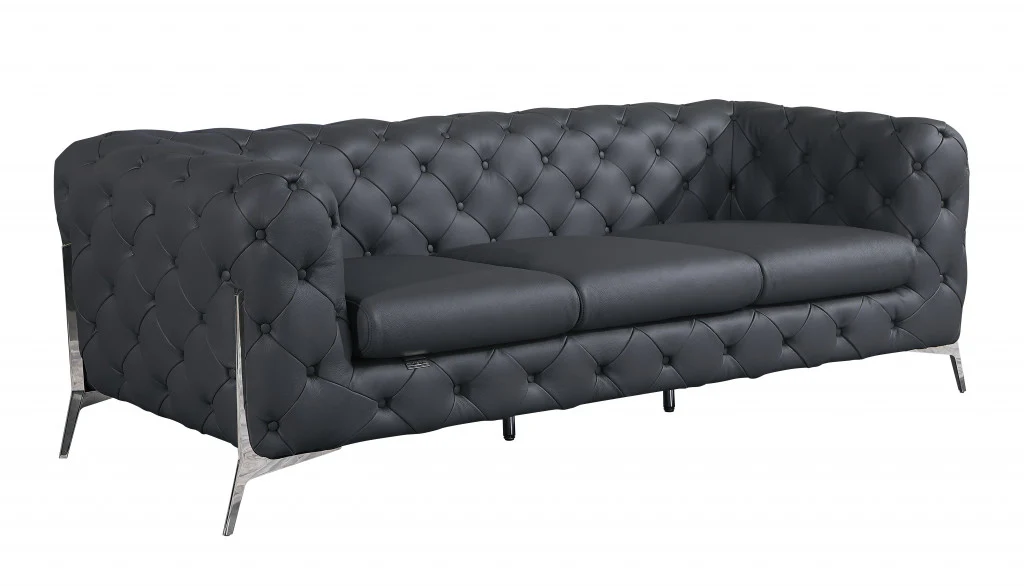 93" Black Genuine Tufted Leather and Chrome Standard Sofa By Homeroots - Image 17