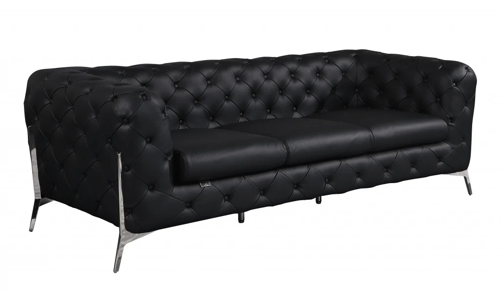 93" Black Genuine Tufted Leather and Chrome Standard Sofa By Homeroots - Image 2