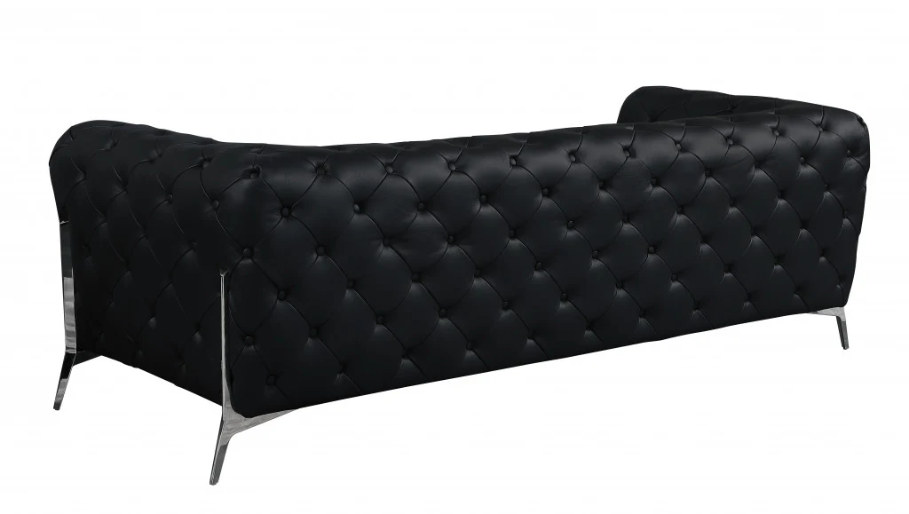 93" Black Genuine Tufted Leather and Chrome Standard Sofa By Homeroots - Image 3