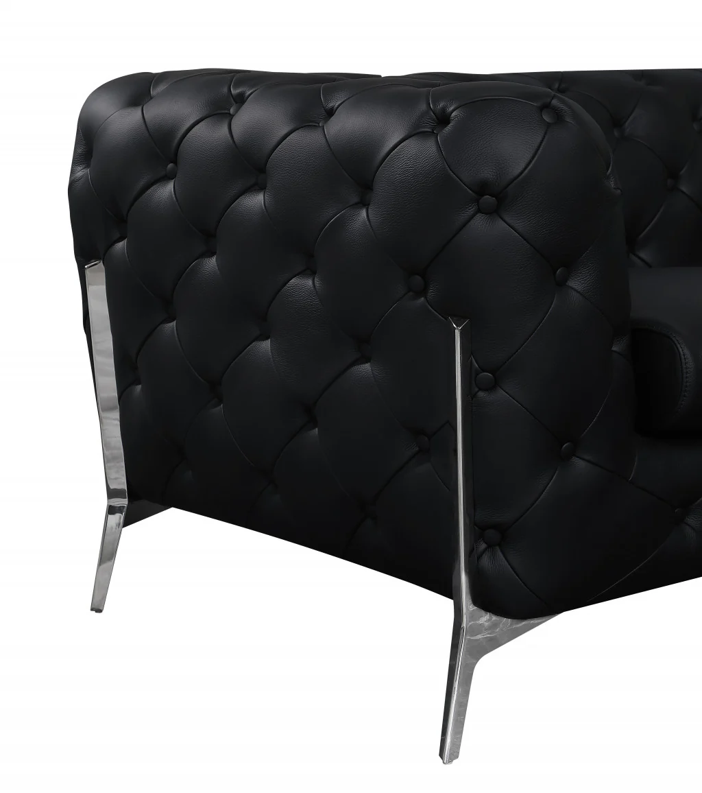 93" Black Genuine Tufted Leather and Chrome Standard Sofa By Homeroots - Image 5