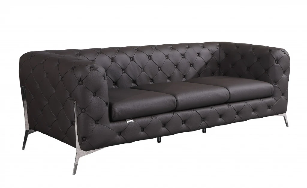 93" Black Genuine Tufted Leather and Chrome Standard Sofa By Homeroots - Image 7