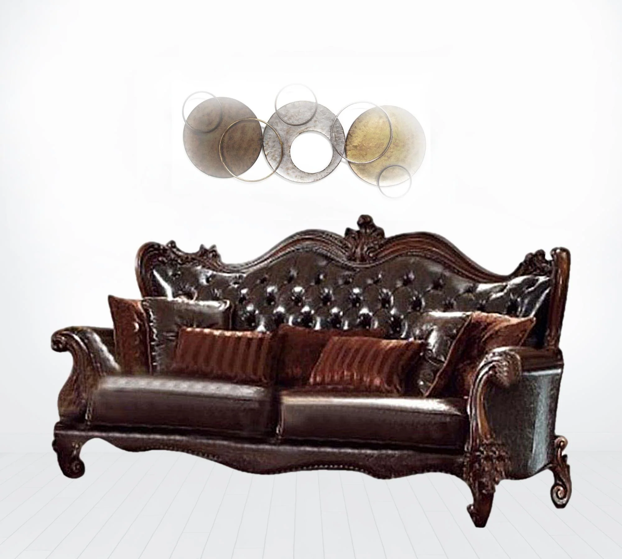 93" Brown Faux Leather And Cherry Blossom Pink Sofa With Seven Toss Pillows By Homeroots - Image 2