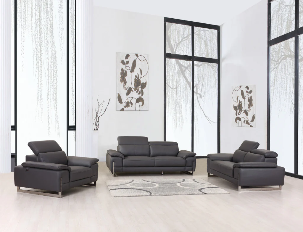 93" Tasteful Dark Grey Leather Sofa Set By Homeroots - Image 2