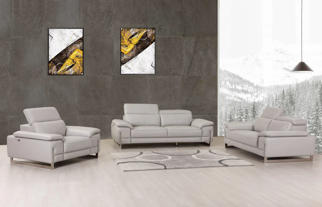 93" Tasteful Light Grey Leather Sofa Set By Homeroots - Image 2