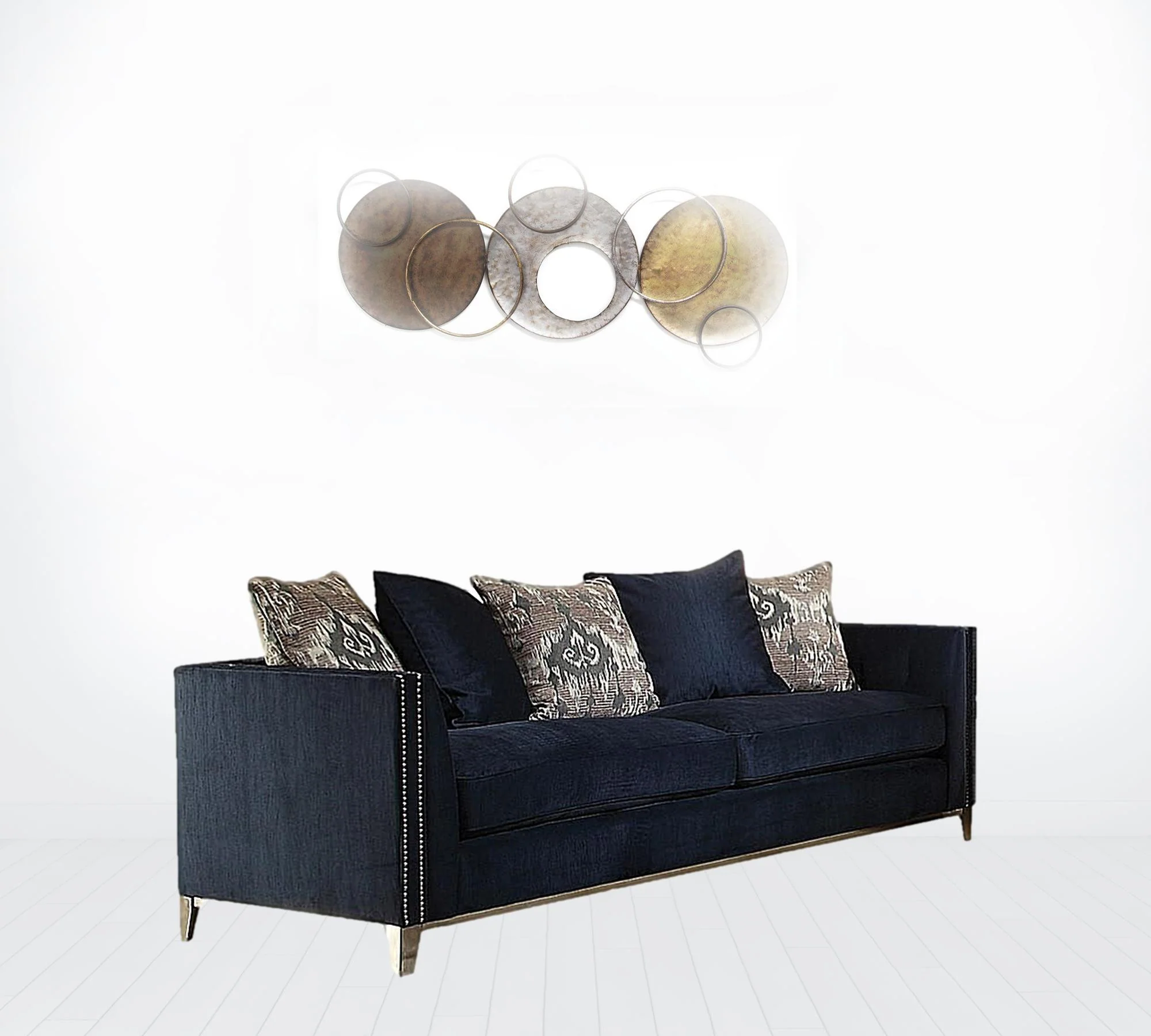 95" Blue Velvet And Black Sofa With Five Toss Pillows By Homeroots - Image 2